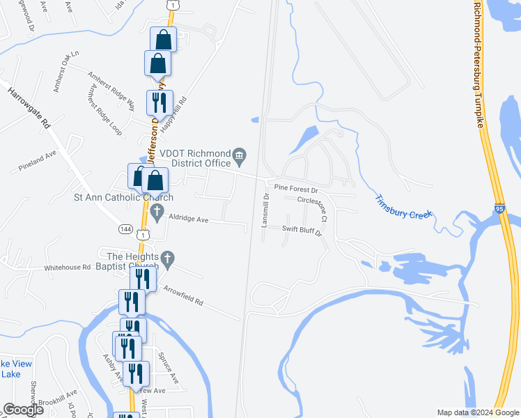 map of restaurants, bars, coffee shops, grocery stores, and more near 17002 Lansmill Drive in Chesterfield County