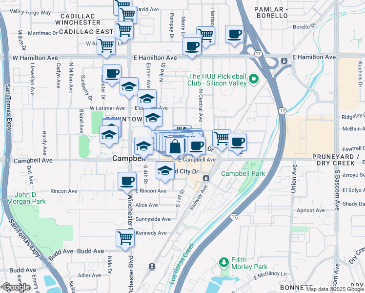 map of restaurants, bars, coffee shops, grocery stores, and more near 63 North 1st Street in Campbell