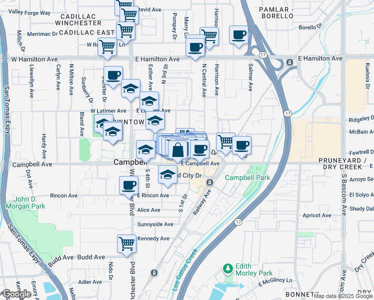 map of restaurants, bars, coffee shops, grocery stores, and more near 109 North 1st Street in Campbell