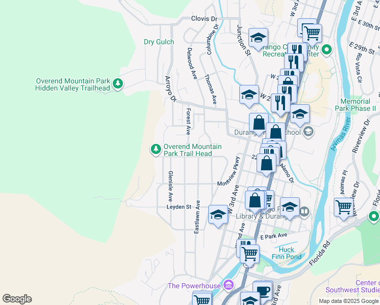 map of restaurants, bars, coffee shops, grocery stores, and more near 21 Delwood Place in Durango