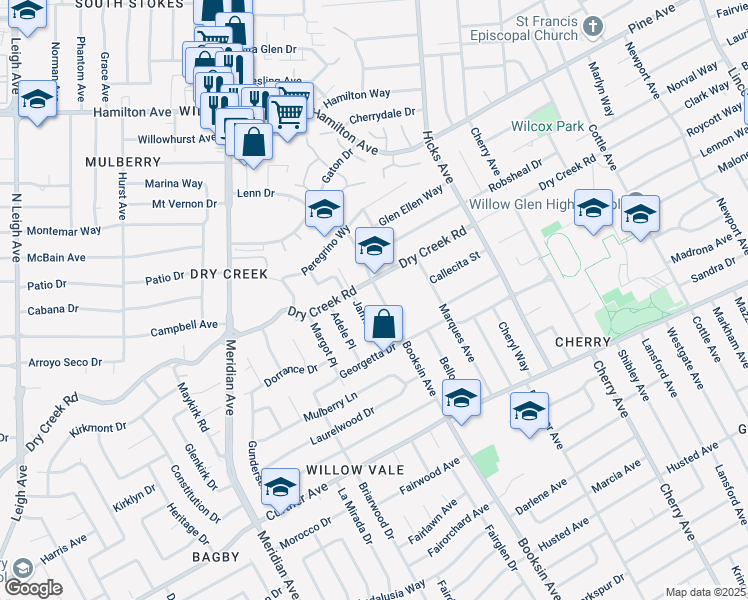 map of restaurants, bars, coffee shops, grocery stores, and more near 1601 Dry Creek Road in San Jose