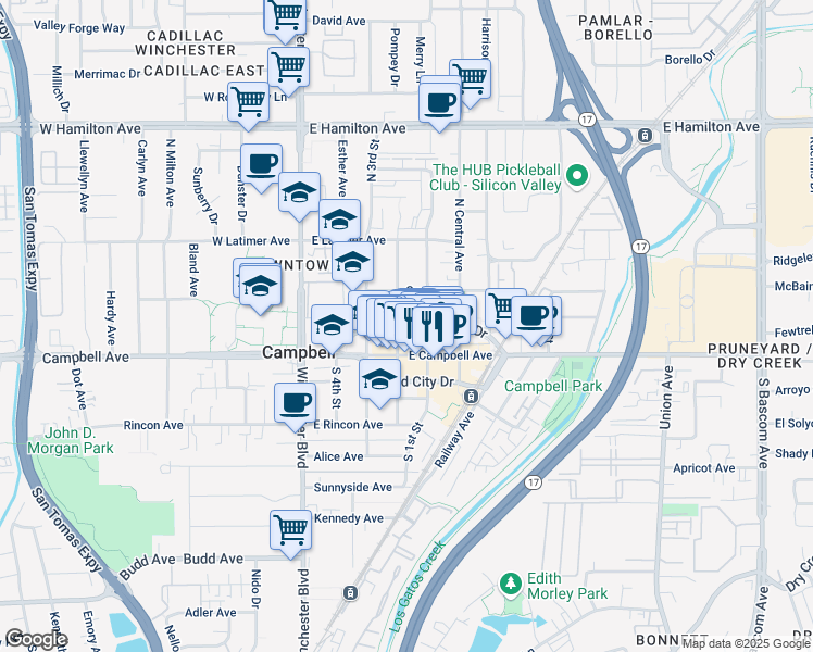 map of restaurants, bars, coffee shops, grocery stores, and more near 109 North 1st Street in Campbell