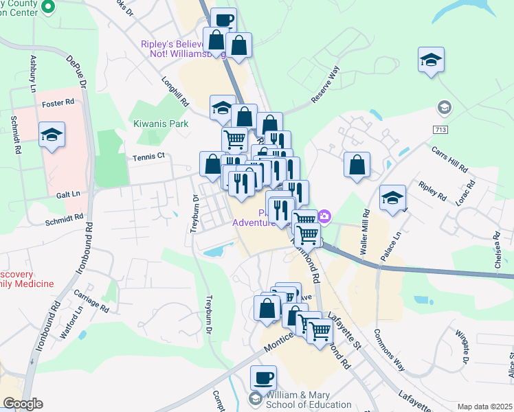 map of restaurants, bars, coffee shops, grocery stores, and more near 1430 High Street in Williamsburg