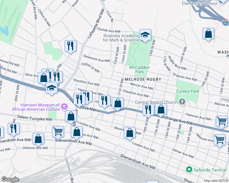 map of restaurants, bars, coffee shops, grocery stores, and more near 2123 Staunton Avenue Northwest in Roanoke