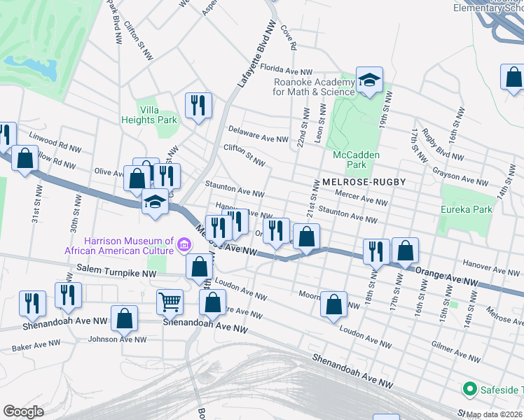 map of restaurants, bars, coffee shops, grocery stores, and more near 2218 Staunton Ave NW in Roanoke