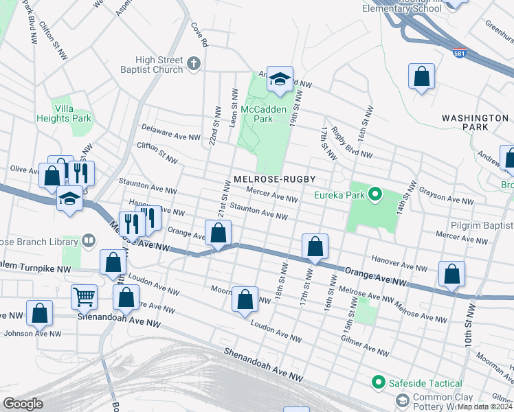 map of restaurants, bars, coffee shops, grocery stores, and more near 1923 Staunton Avenue Northwest in Roanoke