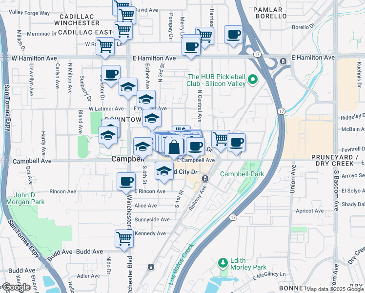map of restaurants, bars, coffee shops, grocery stores, and more near 63 North 1st Street in Campbell