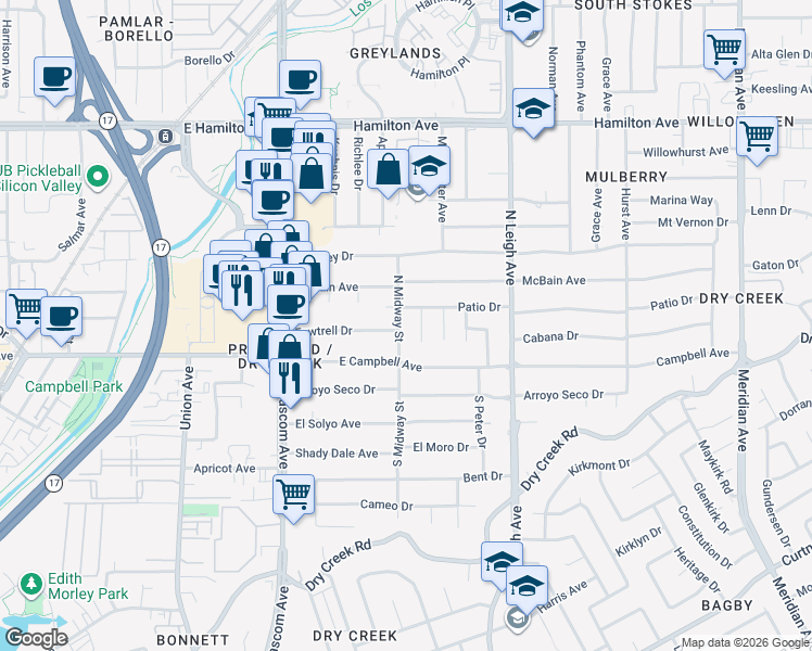 map of restaurants, bars, coffee shops, grocery stores, and more near North Midway Street in Campbell