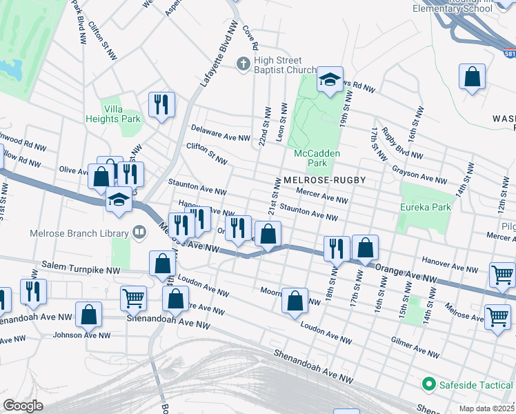 map of restaurants, bars, coffee shops, grocery stores, and more near 2120 Staunton Ave NW in Roanoke