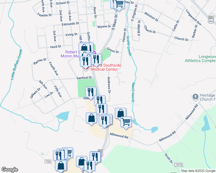 map of restaurants, bars, coffee shops, grocery stores, and more near 1203 Andrews Drive in Farmville