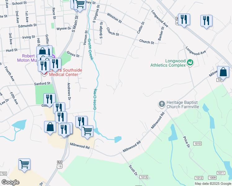 map of restaurants, bars, coffee shops, grocery stores, and more near 1003 Catlin Street in Farmville