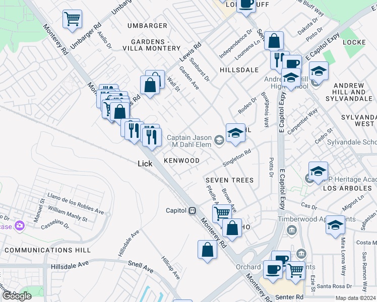 map of restaurants, bars, coffee shops, grocery stores, and more near 3216 Kenhill Drive in San Jose