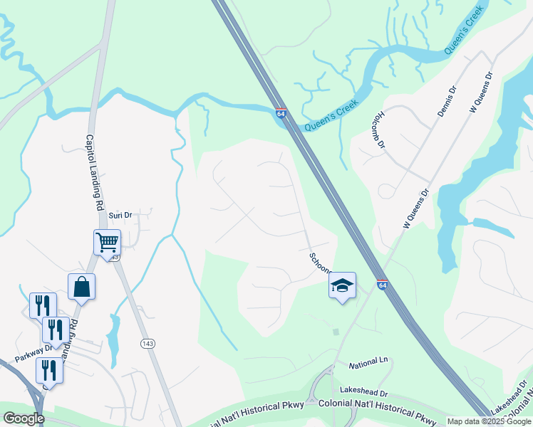 map of restaurants, bars, coffee shops, grocery stores, and more near 115 Ketch Court in Williamsburg