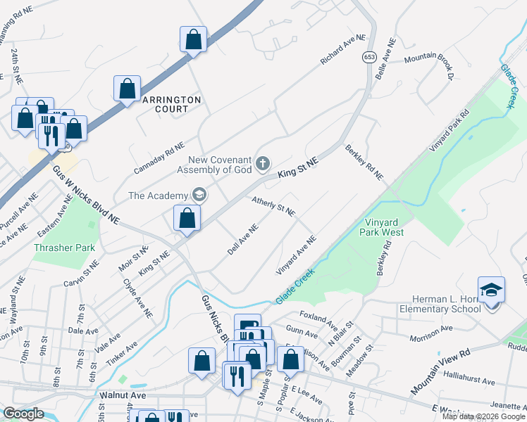 map of restaurants, bars, coffee shops, grocery stores, and more near 2904 Dell Ave NE in Roanoke