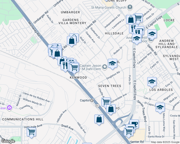map of restaurants, bars, coffee shops, grocery stores, and more near 3216 Kenhill Drive in San Jose