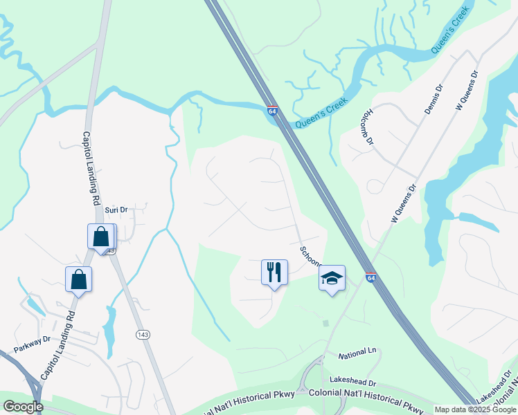 map of restaurants, bars, coffee shops, grocery stores, and more near 115 Ketch Court in Williamsburg