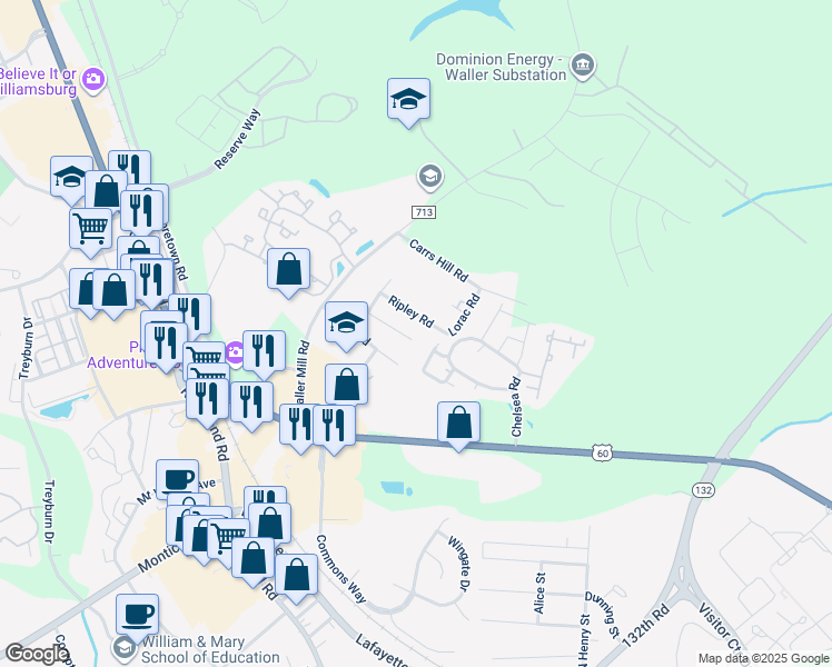 map of restaurants, bars, coffee shops, grocery stores, and more near 110 Kelsey Road in Williamsburg