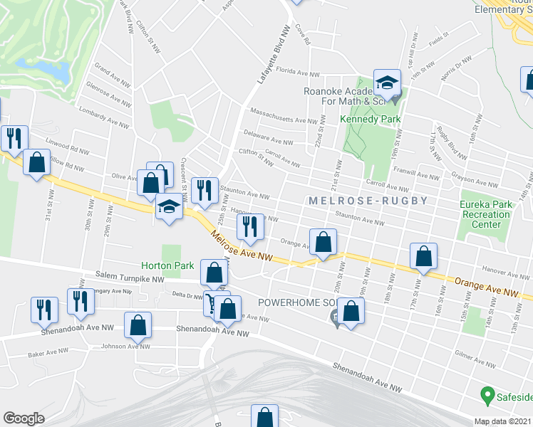 map of restaurants, bars, coffee shops, grocery stores, and more near 2311 Hanover Avenue Northwest in Roanoke