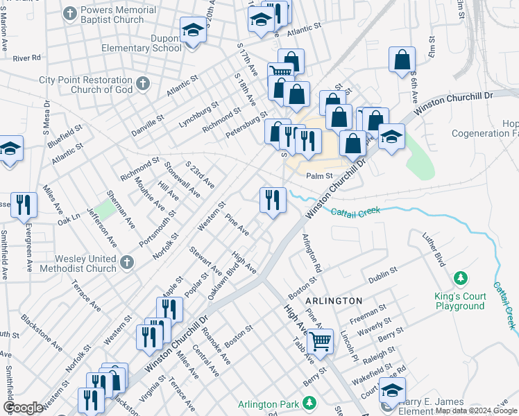 map of restaurants, bars, coffee shops, grocery stores, and more near 2409 Poplar Street in Hopewell