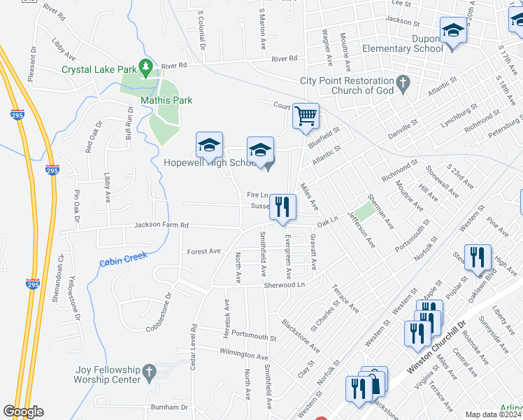 map of restaurants, bars, coffee shops, grocery stores, and more near 3200 Sussex Drive in Hopewell