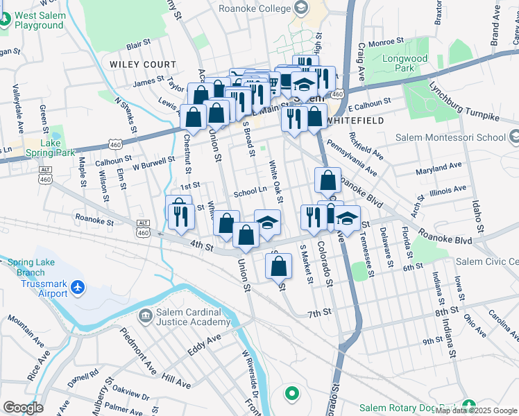 map of restaurants, bars, coffee shops, grocery stores, and more near 425 South Broad Street in Salem