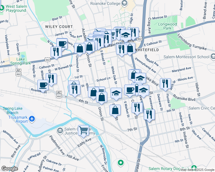 map of restaurants, bars, coffee shops, grocery stores, and more near 425 South Broad Street in Salem