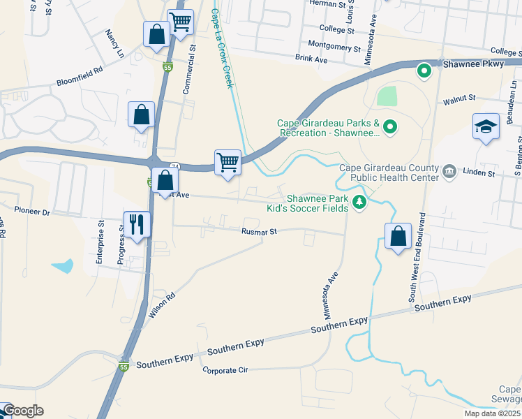 map of restaurants, bars, coffee shops, grocery stores, and more near 2100-2346 Rust Avenue in Cape Girardeau
