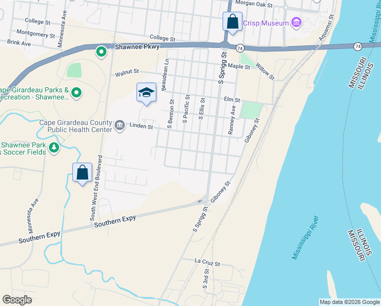 map of restaurants, bars, coffee shops, grocery stores, and more near 811 Hickory Street in Cape Girardeau
