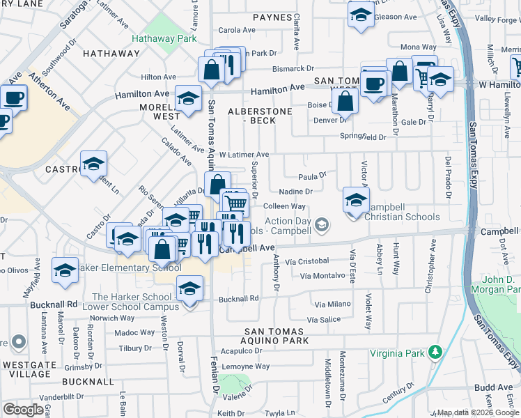 map of restaurants, bars, coffee shops, grocery stores, and more near 115 Welker Court in Campbell