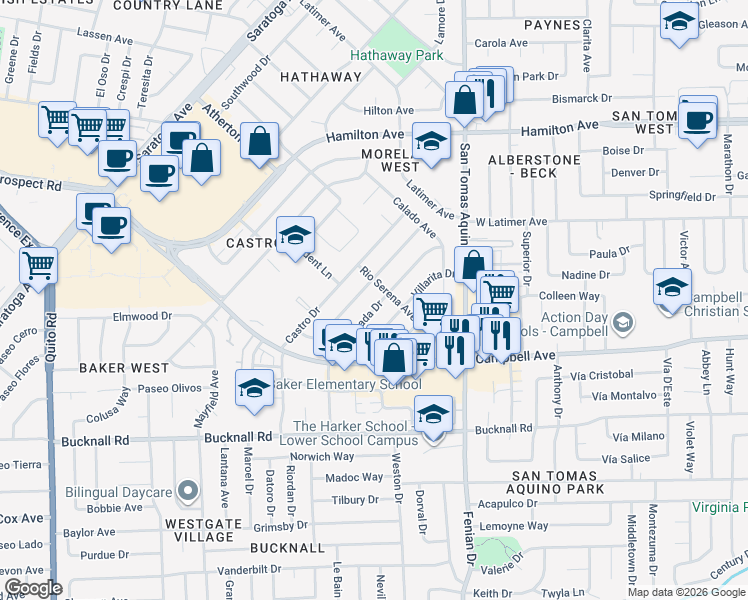 map of restaurants, bars, coffee shops, grocery stores, and more near 1729 Ensenada Drive in Campbell