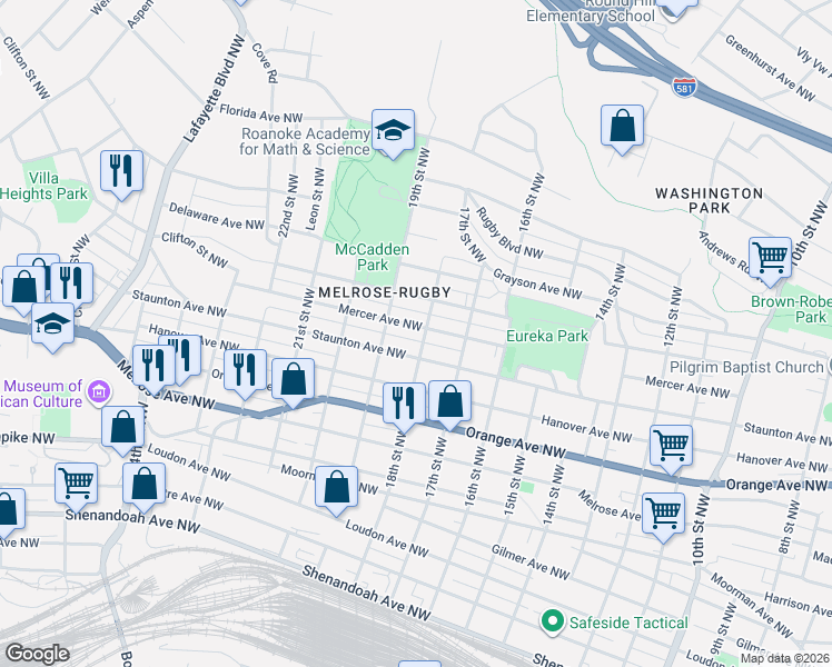 map of restaurants, bars, coffee shops, grocery stores, and more near 1731 Mercer Avenue Northwest in Roanoke