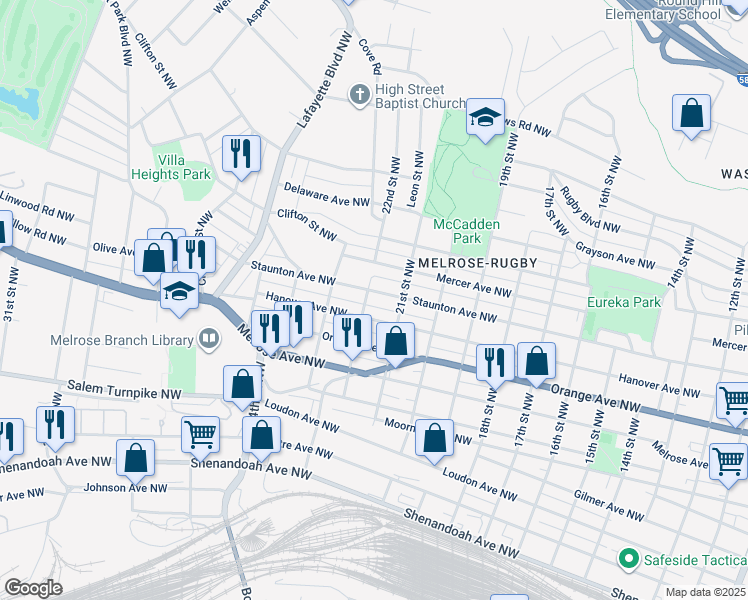 map of restaurants, bars, coffee shops, grocery stores, and more near 2126 Staunton Avenue Northwest in Roanoke