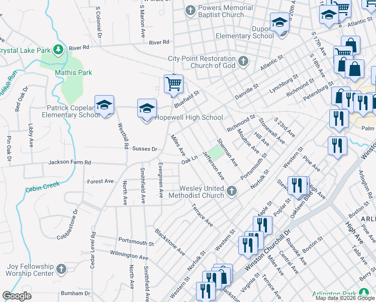 map of restaurants, bars, coffee shops, grocery stores, and more near 409 Miles Avenue in Hopewell