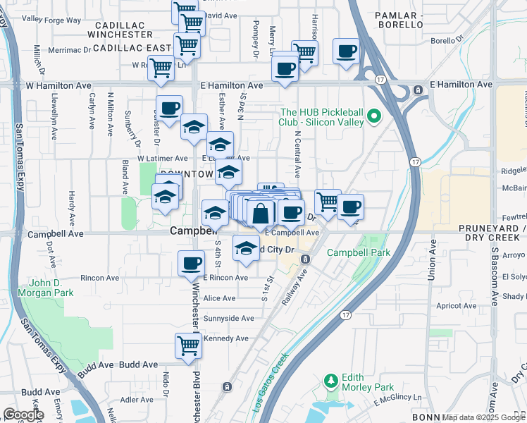 map of restaurants, bars, coffee shops, grocery stores, and more near 109 North 1st Street in Campbell