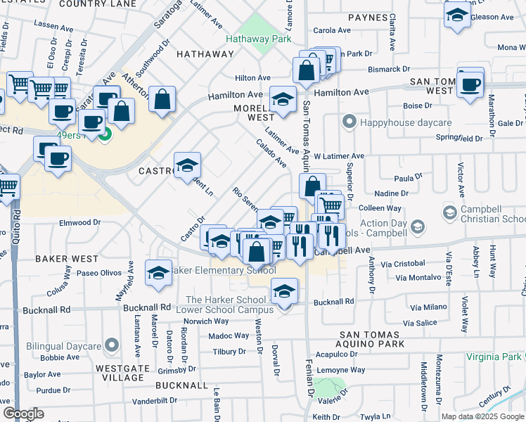 map of restaurants, bars, coffee shops, grocery stores, and more near 1729 Ensenada Drive in Campbell