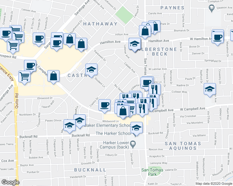 map of restaurants, bars, coffee shops, grocery stores, and more near 1729 Ensenada Drive in Campbell