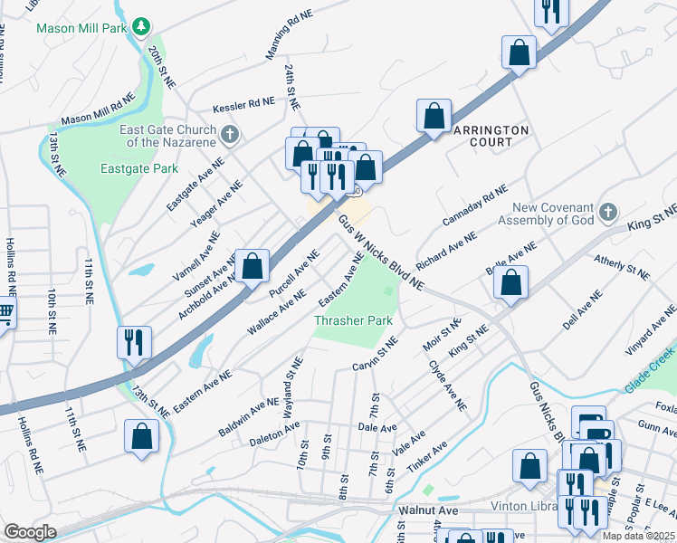 map of restaurants, bars, coffee shops, grocery stores, and more near 2023 Wallace Avenue Northeast in Roanoke