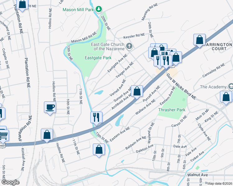 map of restaurants, bars, coffee shops, grocery stores, and more near 1460 Varnell Avenue Northeast in Roanoke