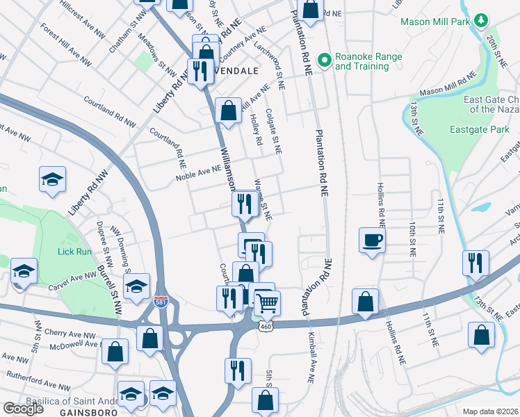 map of restaurants, bars, coffee shops, grocery stores, and more near 303 Thurston Avenue Northeast in Roanoke