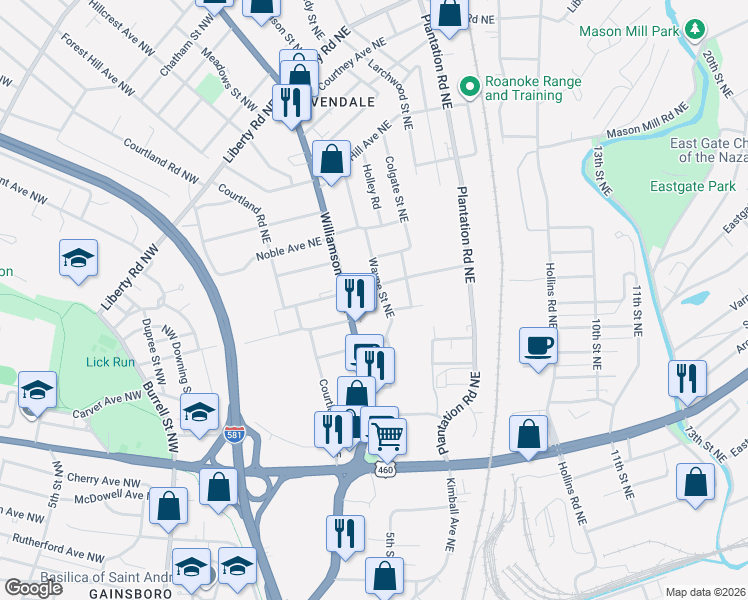 map of restaurants, bars, coffee shops, grocery stores, and more near 303 Thurston Avenue Northeast in Roanoke