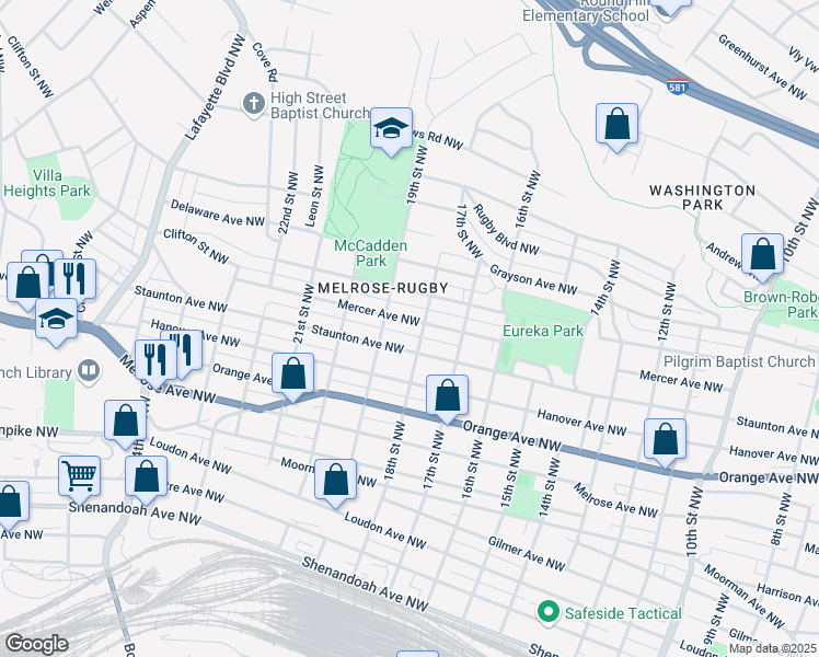 map of restaurants, bars, coffee shops, grocery stores, and more near 1880 Mercer Avenue Northwest in Roanoke
