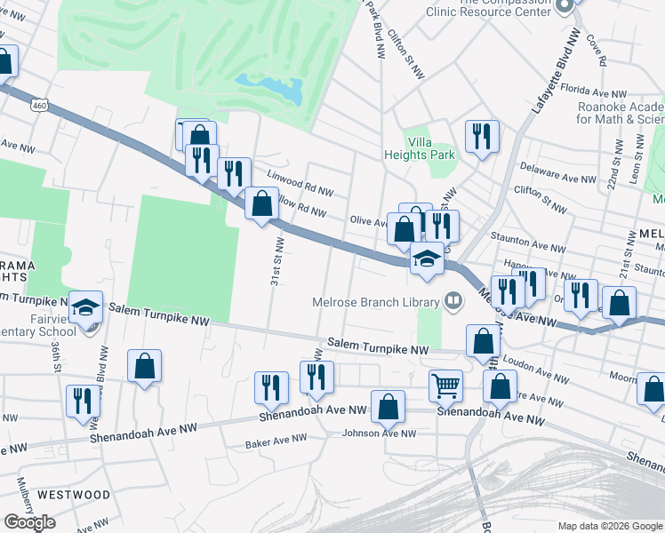 map of restaurants, bars, coffee shops, grocery stores, and more near 848 30th Street Northwest in Roanoke