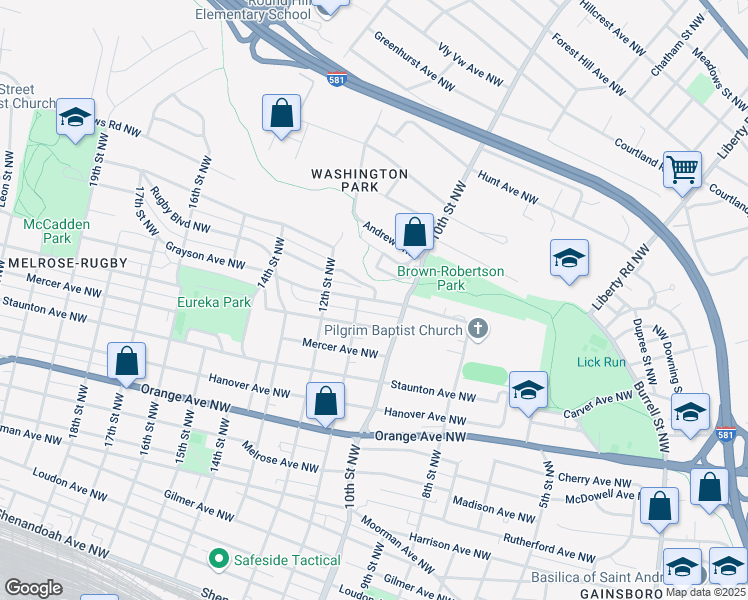 map of restaurants, bars, coffee shops, grocery stores, and more near 1100 Thomas Avenue Northwest in Roanoke