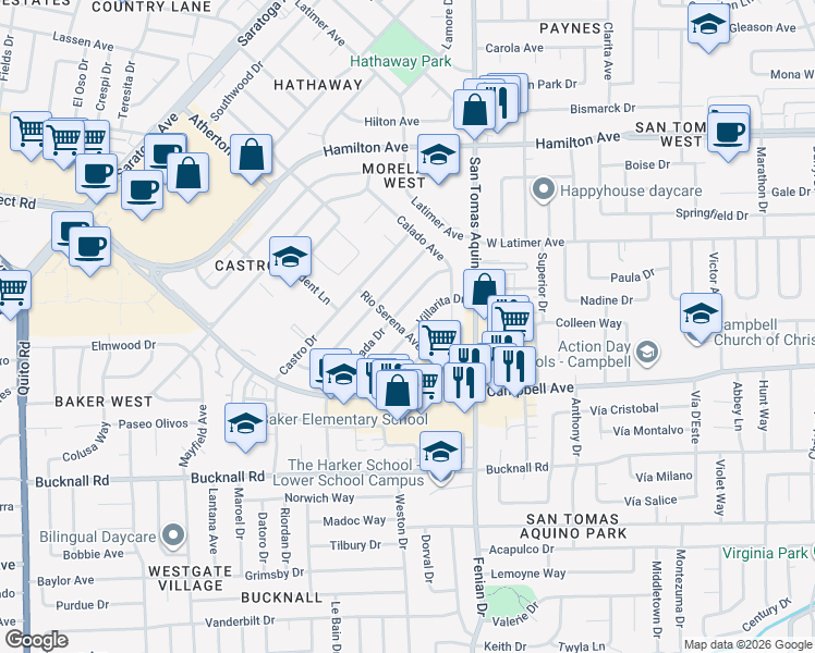map of restaurants, bars, coffee shops, grocery stores, and more near 1729 Ensenada Drive in Campbell