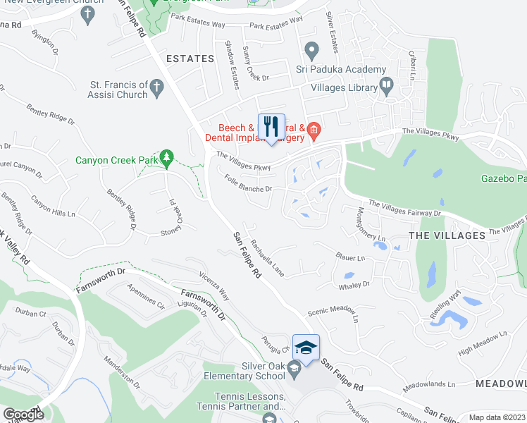 map of restaurants, bars, coffee shops, grocery stores, and more near 2091 Mataro Way in San Jose