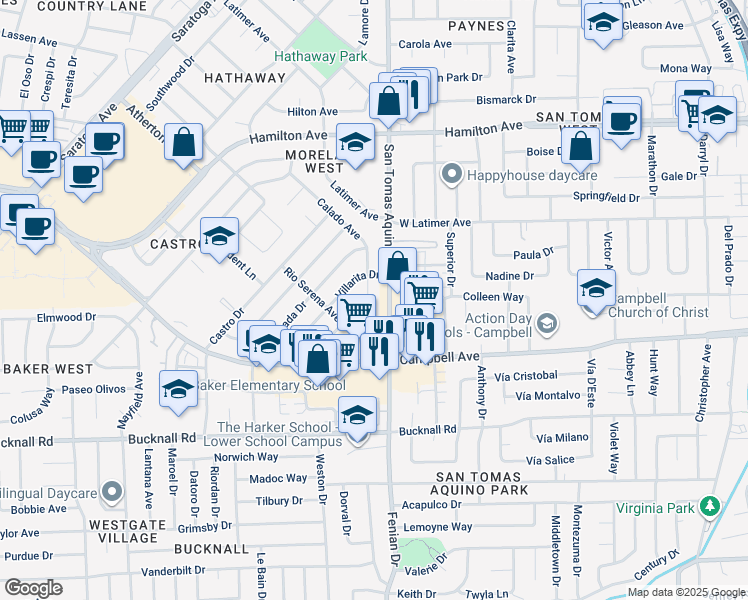 map of restaurants, bars, coffee shops, grocery stores, and more near 151 San Tomas Aquino Road in Campbell