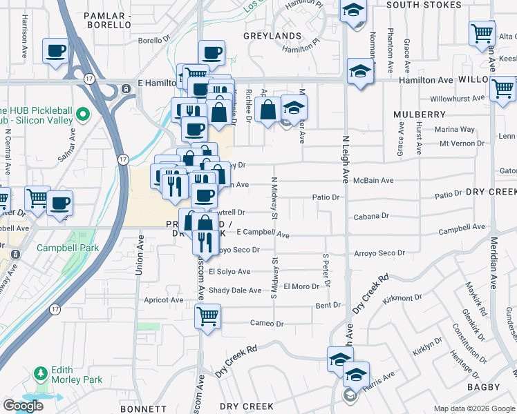 map of restaurants, bars, coffee shops, grocery stores, and more near 1250 Patio Court in Campbell