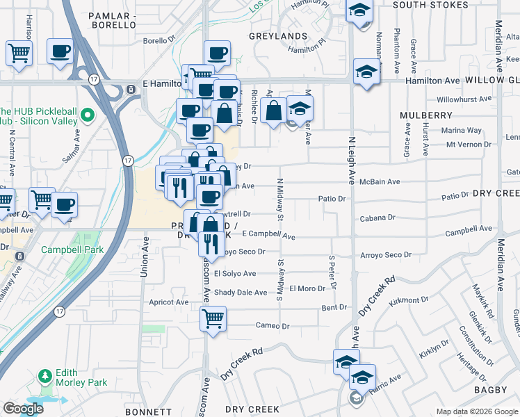 map of restaurants, bars, coffee shops, grocery stores, and more near 115 McBain Court in Campbell