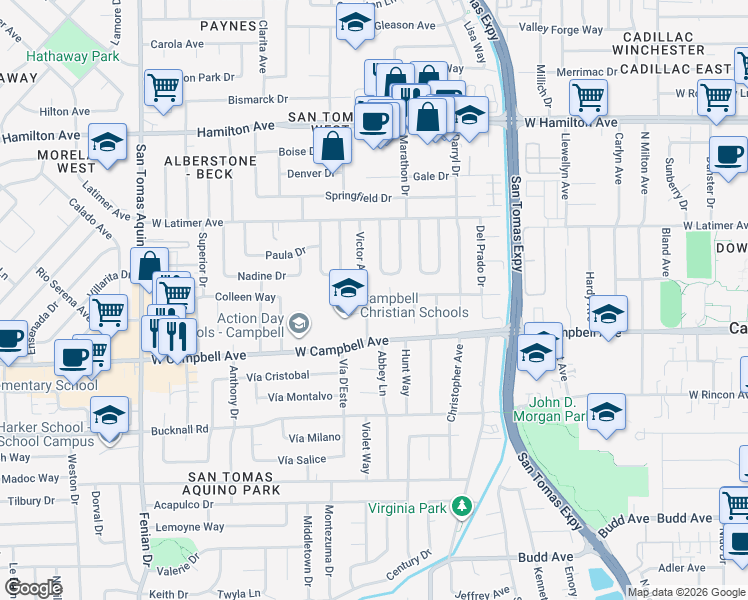 map of restaurants, bars, coffee shops, grocery stores, and more near 119 Amato Avenue in Campbell