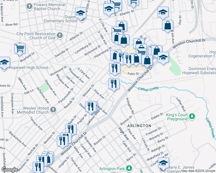 map of restaurants, bars, coffee shops, grocery stores, and more near 8038 Crestline Boulevard in Hopewell